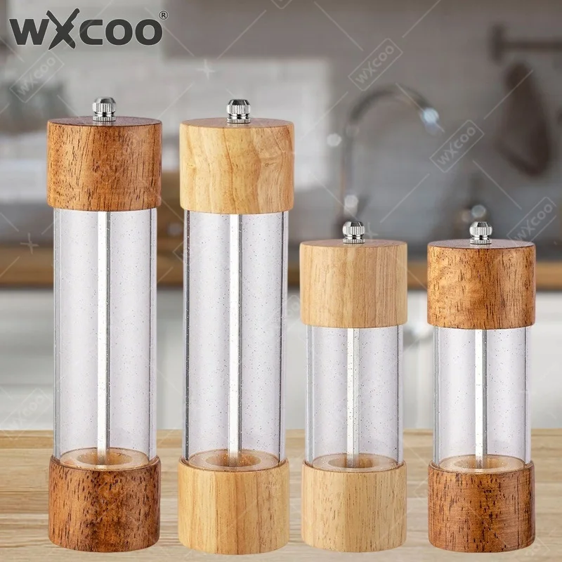 WXCOO Manual Wood Pepper Grinder 6/8inch Adjustable Ceramic Pepper Grinder Tool Acrylic Sea Salt Grinding Bottle for Salt Spices