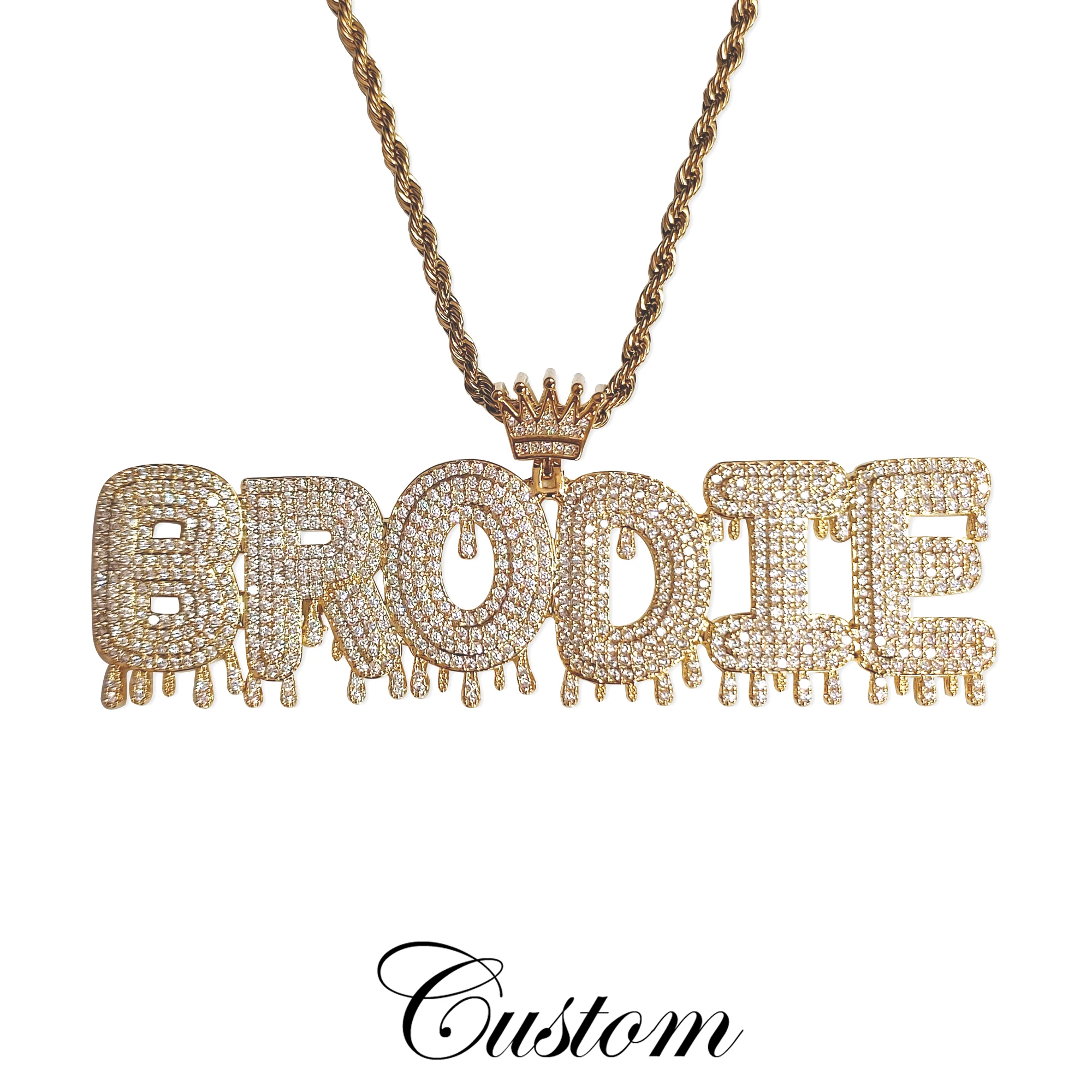 

CUSTOM Dripping Letters Nameplate with Crown Bail Personalized Word Pendant Necklace Birthday Gift for Him Bling Hip Hop Jewelry