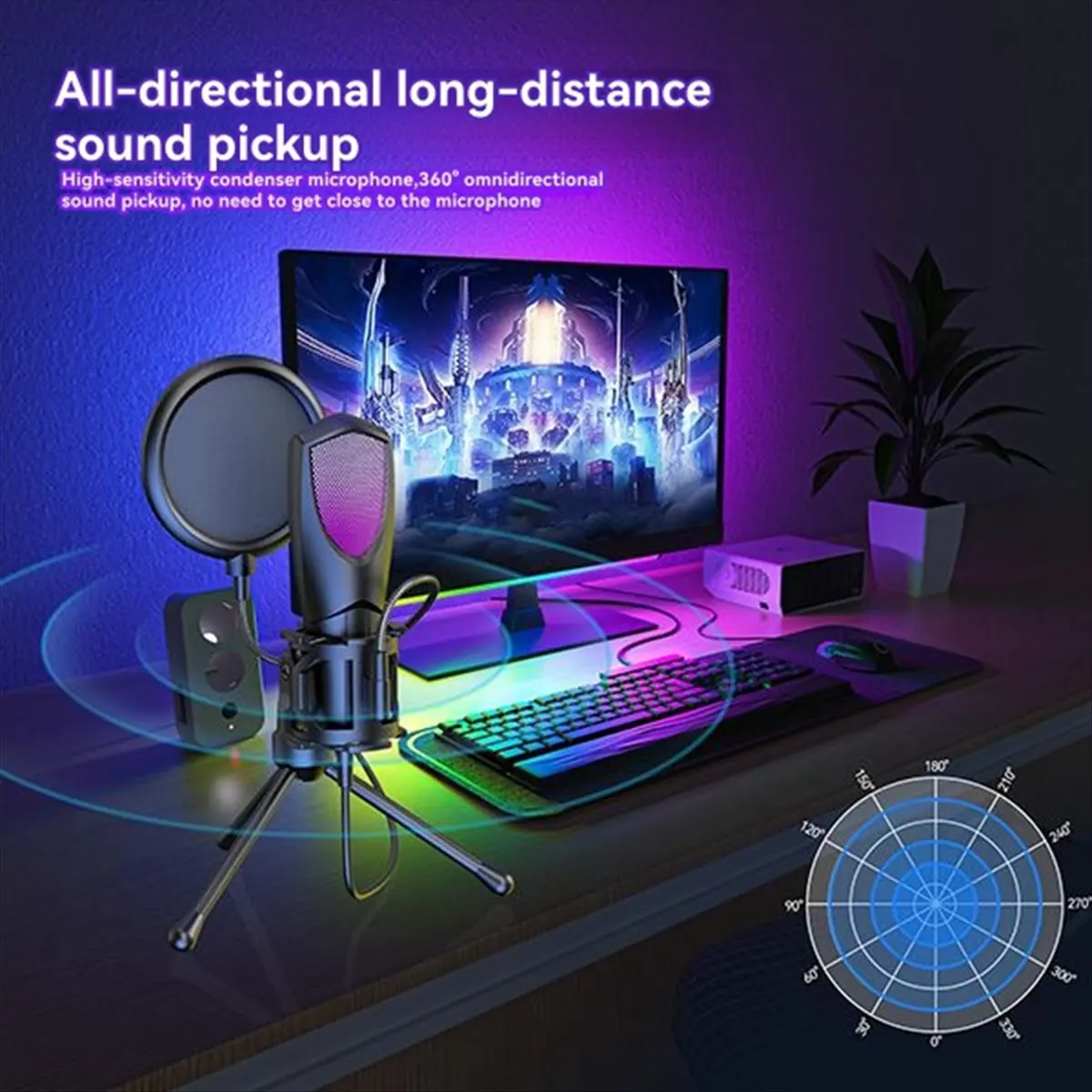 DT108 Mon.Desktop USB Condenser Microphone RGB Gaming Microphone Live Streaming, Karaoke, Gaming, Video Conference Microphone