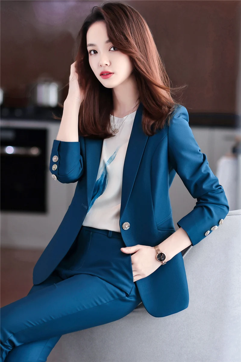 Spring Two-piece Set Pants Suit Blue Elegant Blazer Pants  Clothing Business Coat 2 Piece Sets Female Trouser Suits