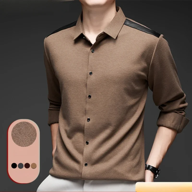 

Autumn Men's Casual Wool Shirt, All-Matching Simple Fashion Tops, Inlay Leather Wool Shirt, Brushed Tight Business Gentleman