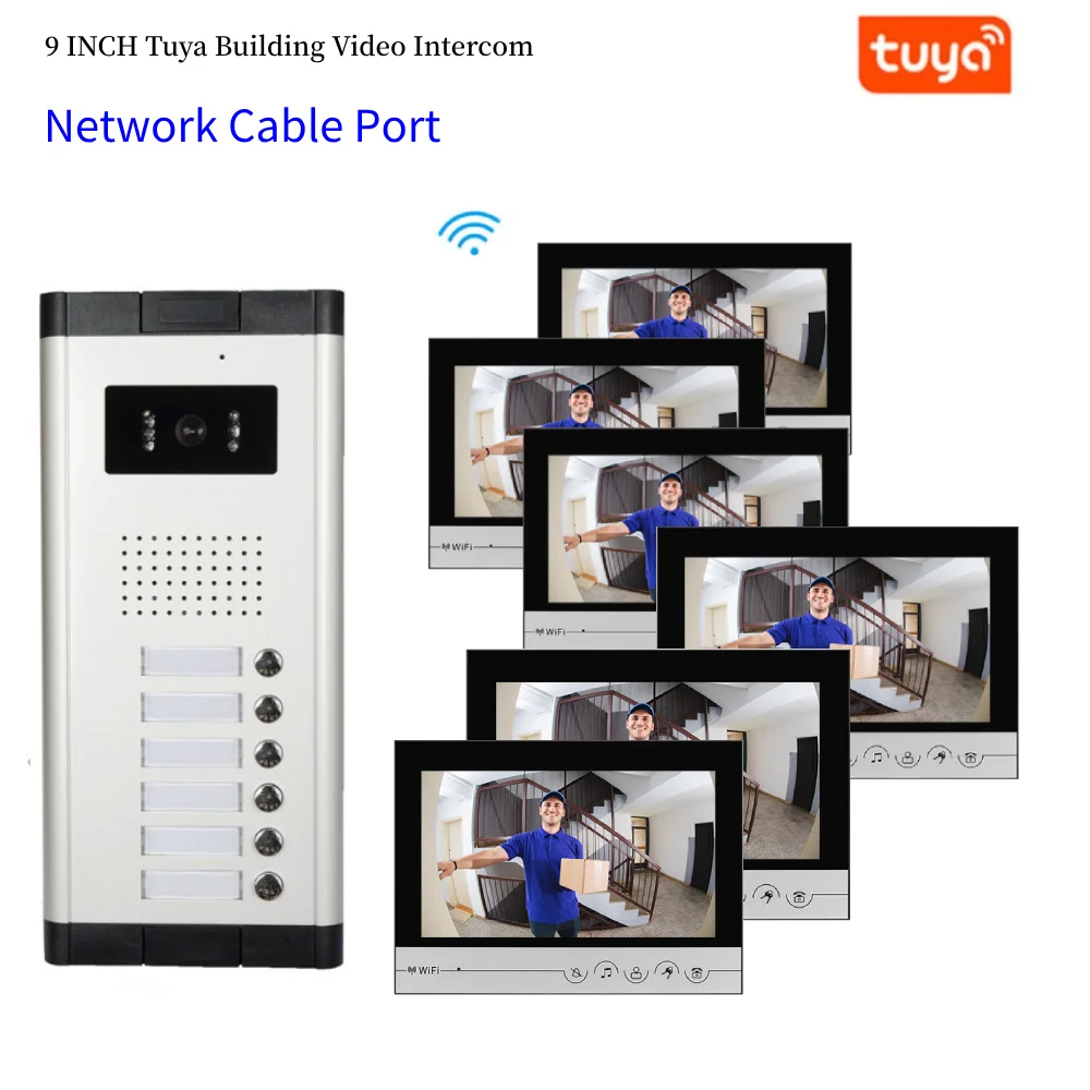 Newwork Cable Port Apartment WIFI Video Doorbell For 2-6 Units 9 inchTuya Building Video Intercom Doorphone Access Kits