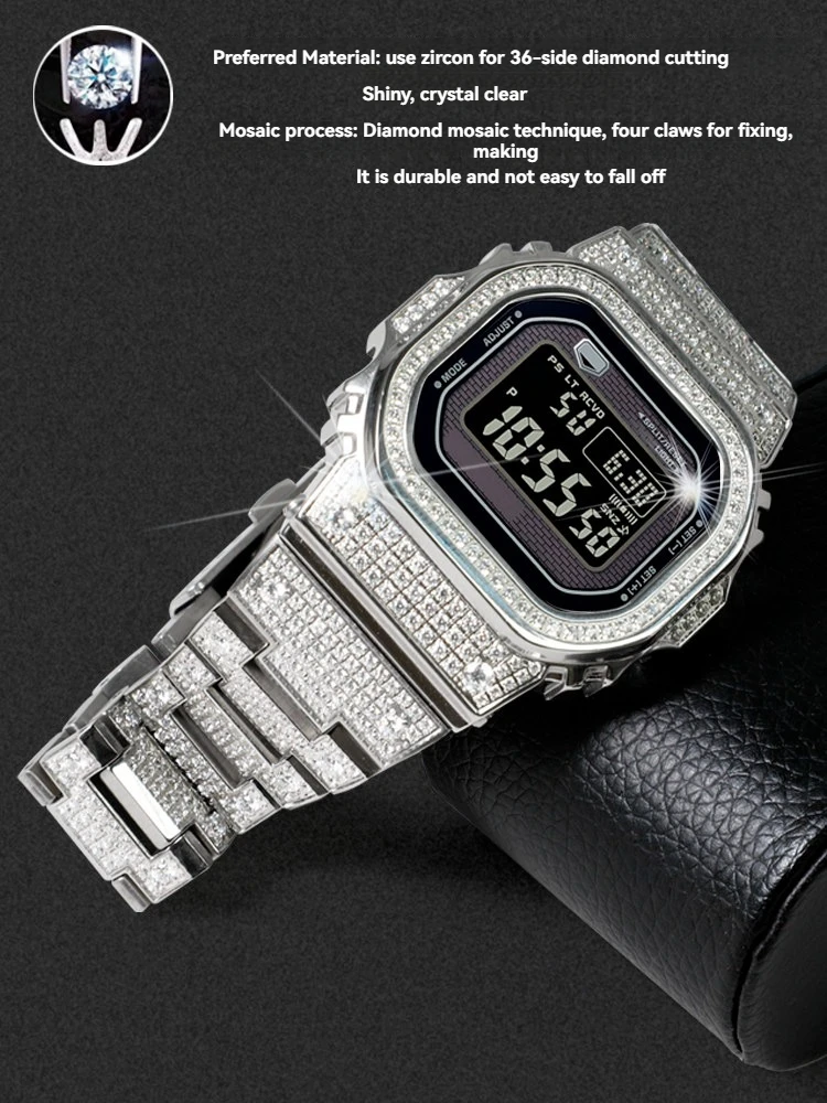 DIY Modification GMW-B5000 Camouflage Metal Strap Case Set For Casio Small Square Series Solid Stainless Steel Carving Strap Set