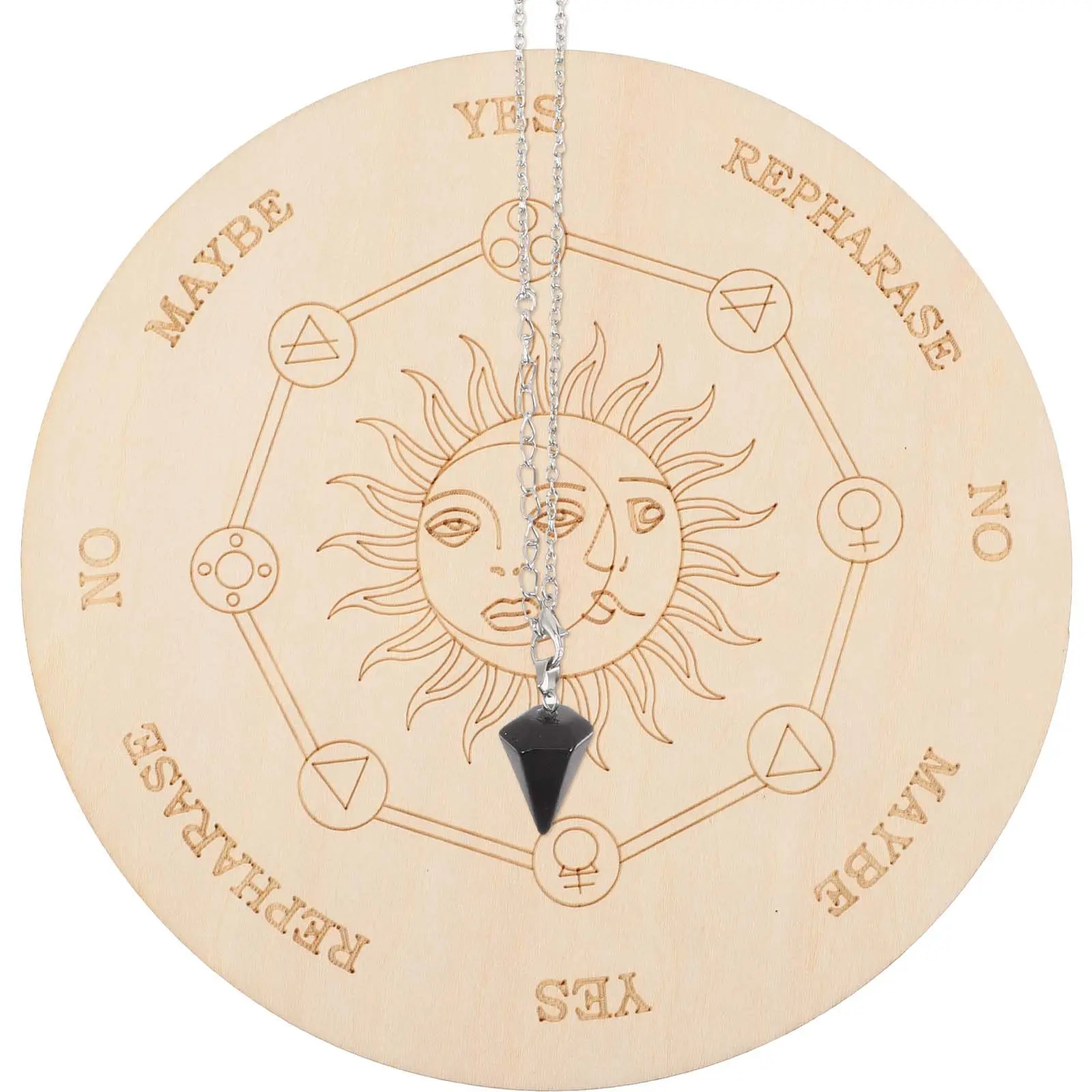 

1Set Wooden Pendulum Board with Dowsing Necklace Pattern Yes No Divination Tool for Wiccan Altar Metaphysical Spirit