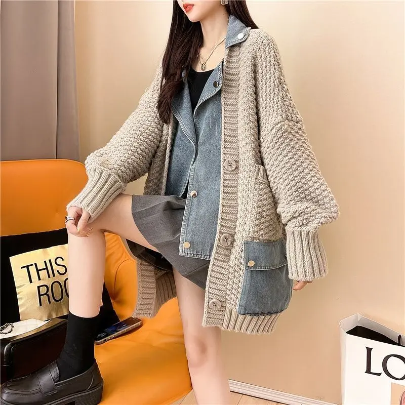 2023 Autumn Winter New Arrivals Denim Stitched Sweater Coat Women\'s Loose Thickened Knitted Cardigan Top Women