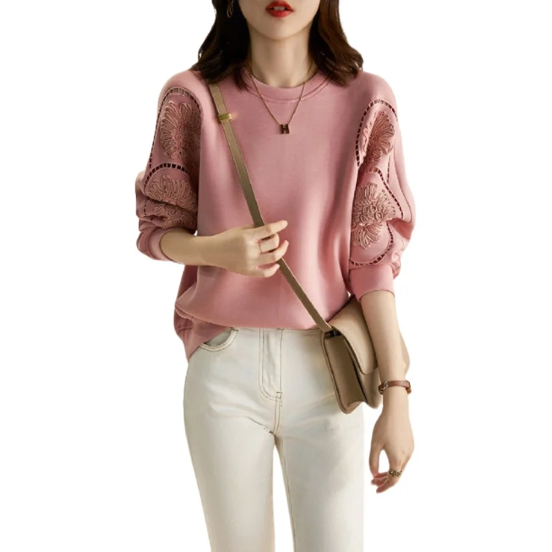 Sweat-shirt brodé haut de gamme pour femmes, travail lourd, coupe ample, Long, rond, Ne, pour les déplacements, printemps-automne