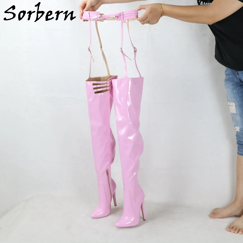 Sorbern Pink Patent Long Boots With Belt Pointed Toe High Heel Stilettos Half Zipper Stilettos Custom Multi Colors