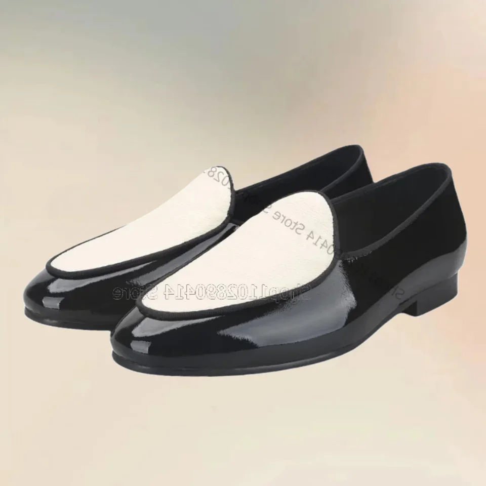 

Black Patent Leather Splicing White Matte Leather Loafers Fashion Slip On Men Shoes Novel Handmade Party Banquet Men Dress Shoes