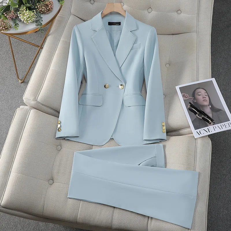 

Fashion Women Pant Suit Long Sleeve Solid Double-breasted Ladies Blazer and Trouser Formal 2 Piece Set Autumn Winter Clothing