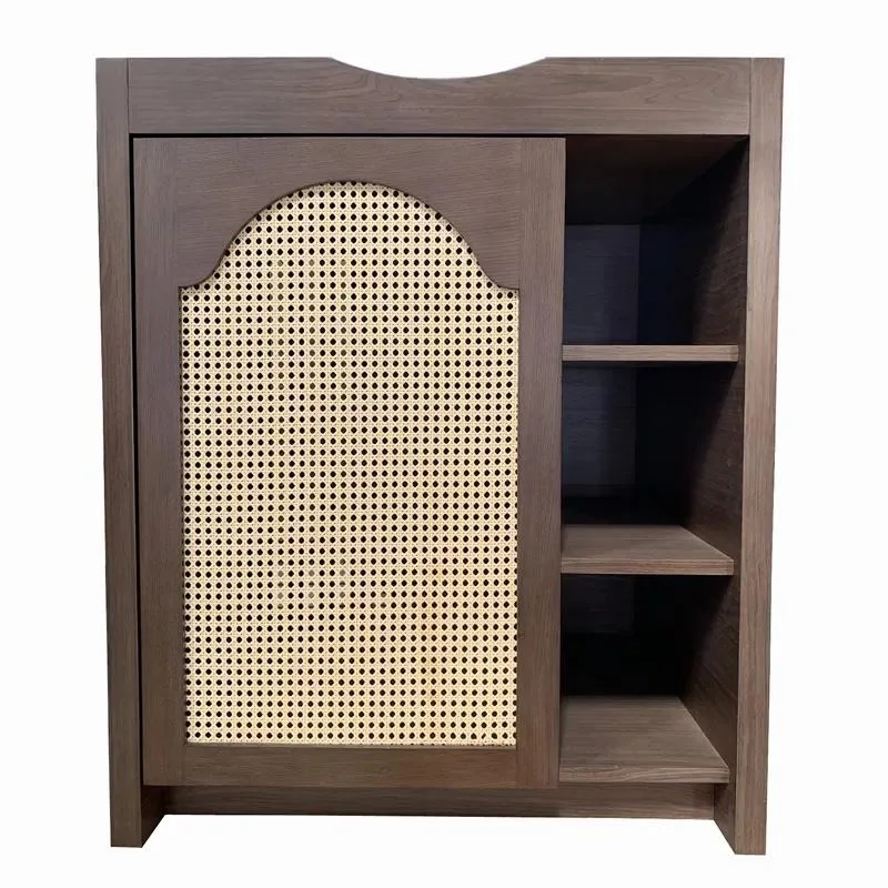 Newly Designed Wooden Tableware Cabinet with Rattan Door and Stone Countertops Adjustable Open Shelving for Tea Coffee Wine