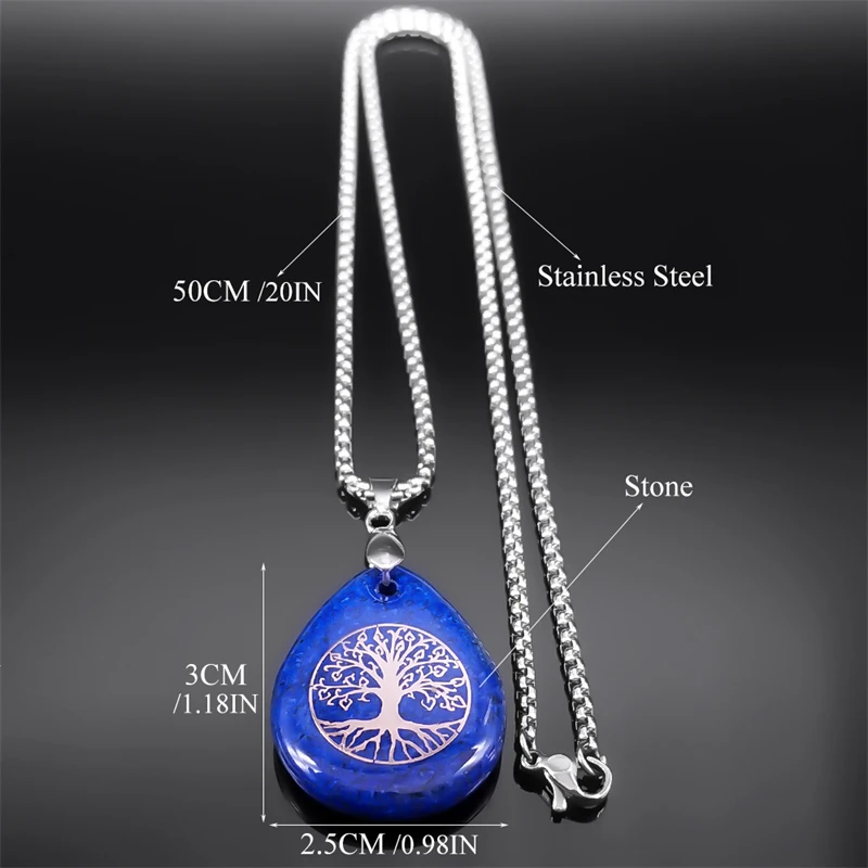 Yoga Tree of Life Necklace for Women Men Lapis Lazuli Stone Stainless Steel Silver Color Amulet Chain Jewelry collier NZZZ366-5S