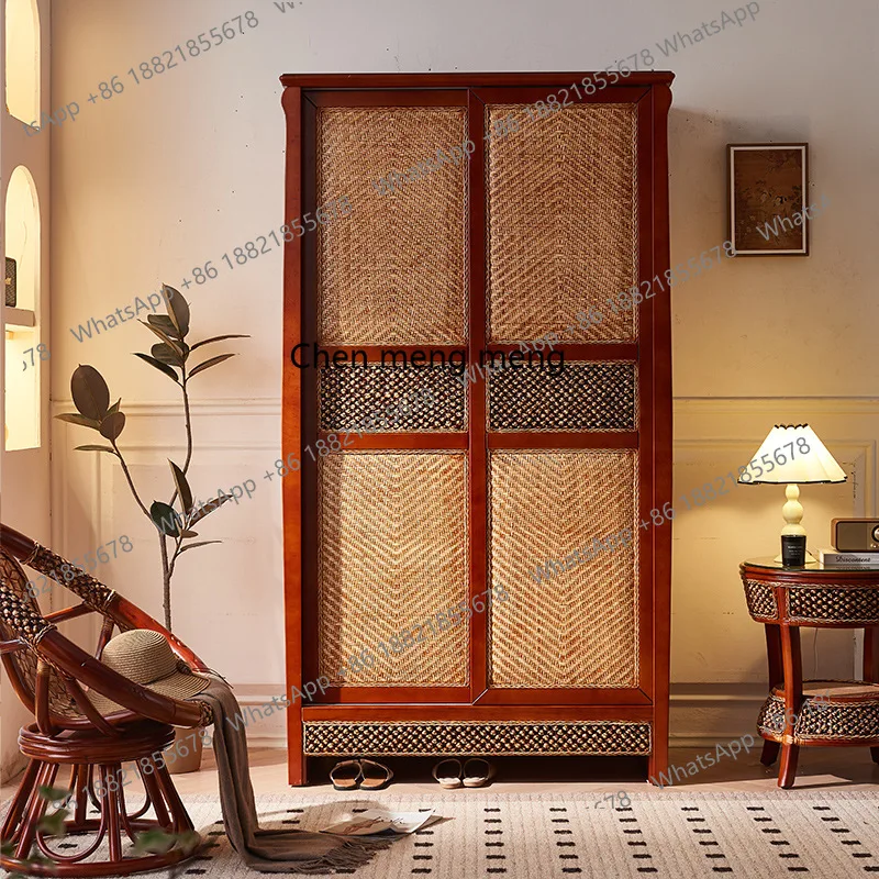 

New Chinese solid wood wardrobe, new storage cabinet for household double-door sliding rattan wardrobe