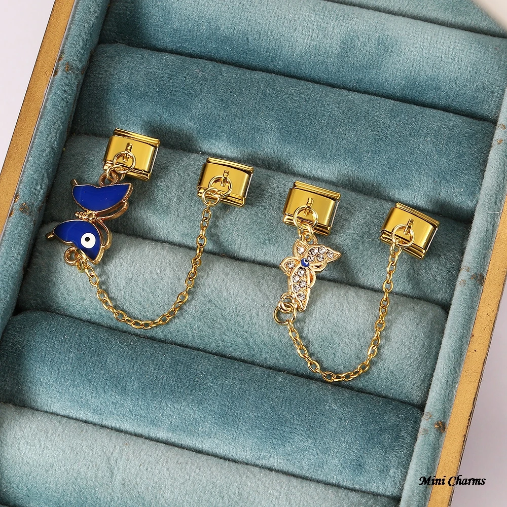 Modischer Schmetterling-Anhänger mit bösen Augen und Hängekette, italienische Charms, passend für 9-mm-Armbänder, Edelstahlschmuck – Detail 4