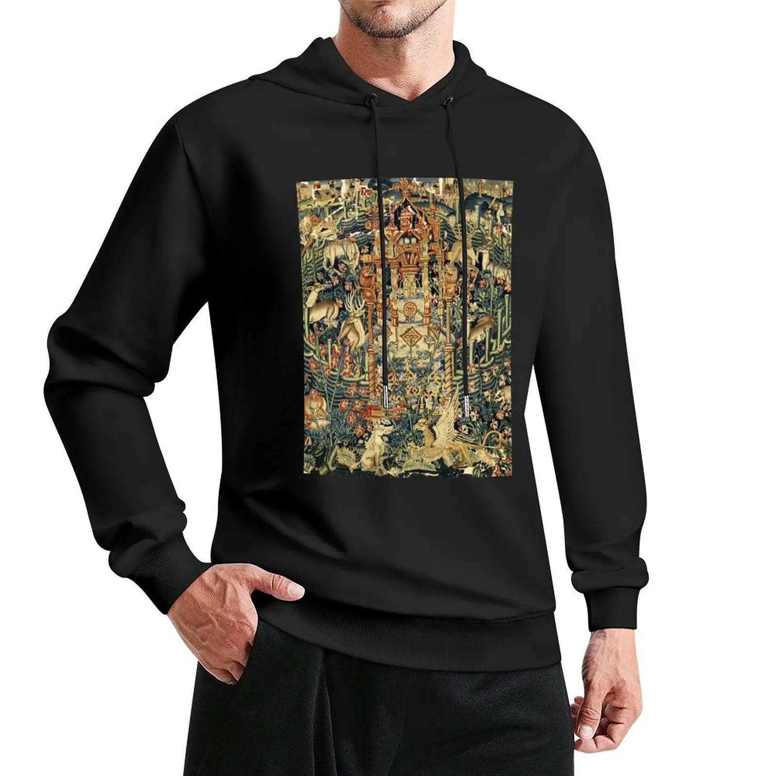 

SOURCE OF LIFE Verdure with Forest Animals in Private Garden, Floral Medieval Tapesty Pullover Hoodie men's clothes mens hoodies