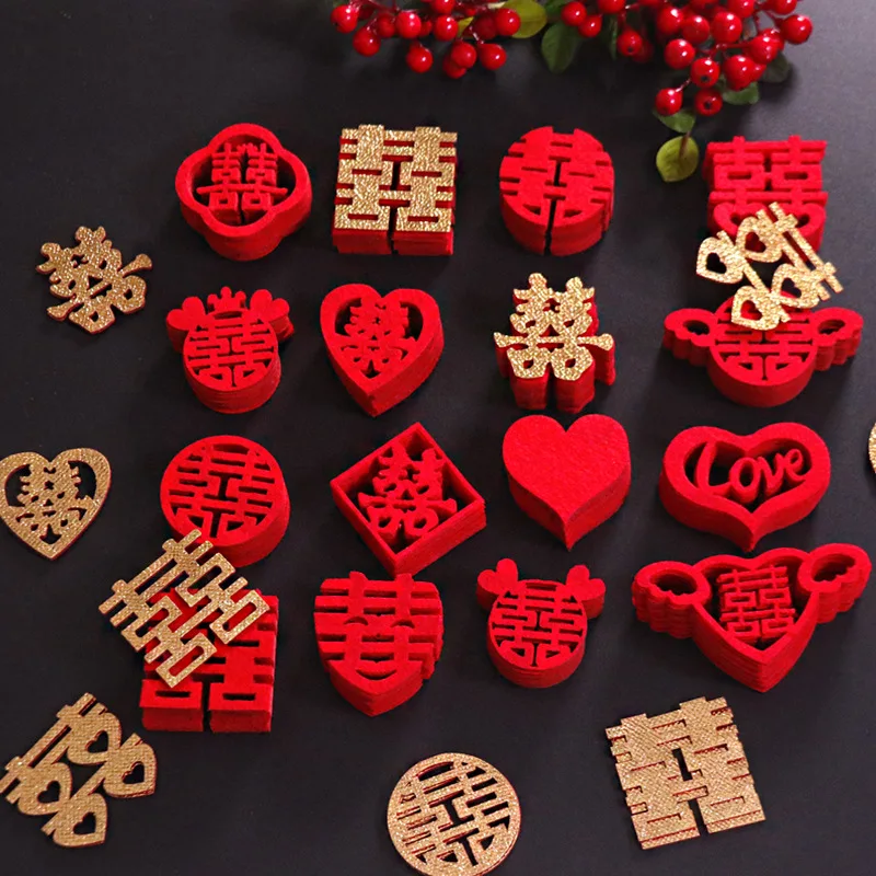 150pcs Chinese Wedding Mini Happy Word Wall Stickers Non-woven Fabric Double Happiness Sticker Banquet Party Supplies Home Decor