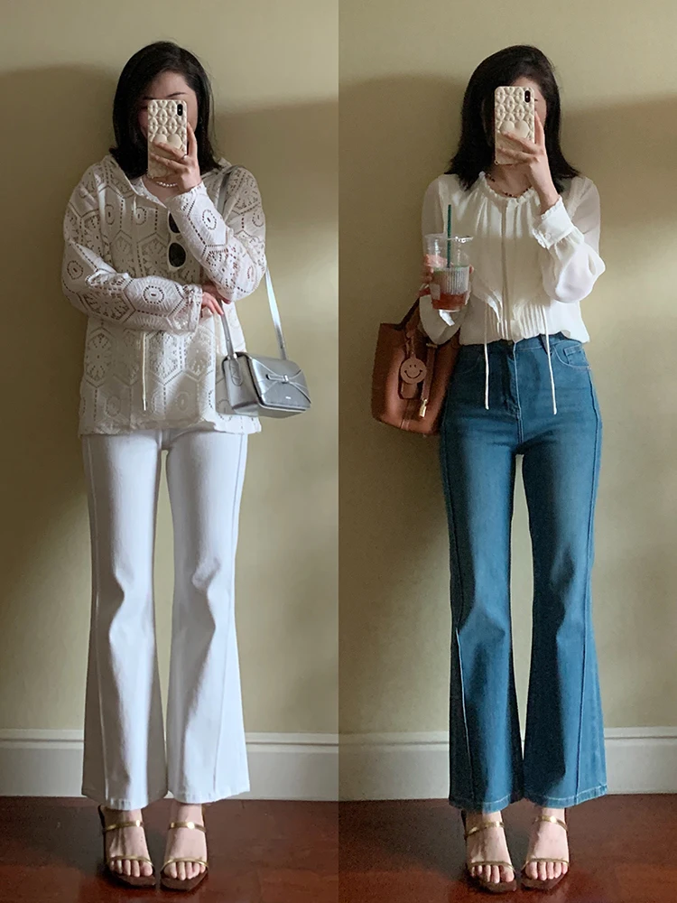 

Spring Summer New Style High Waist Nine Points Bell Bottoms Light Blue Stretch Denim Pants Women's Casual Cotton Elastic Jeans