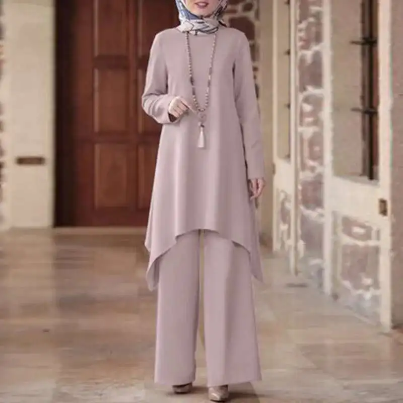 2025 Muslim Women's Spring and Autumn Solid Color Round Neck Pullover,  Mid Skirt, Long Pants, Fashionable Casual Suit Elegant