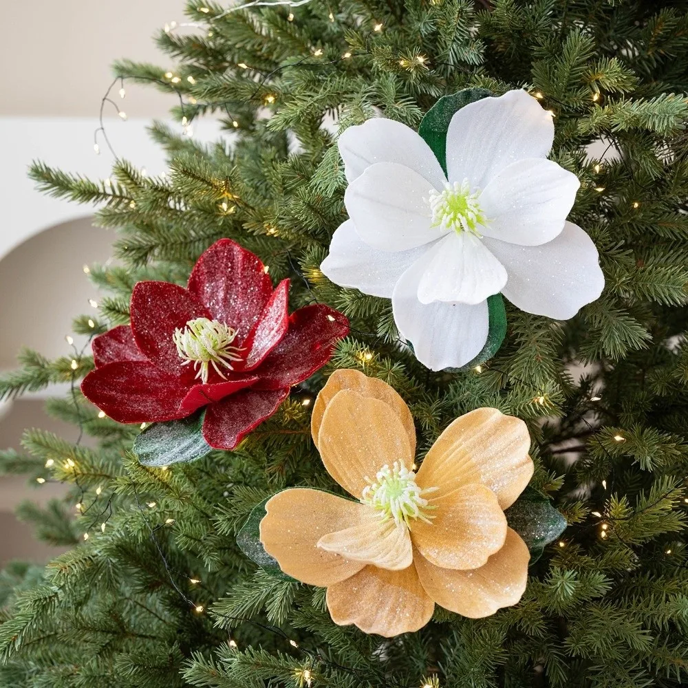 25 cm künstliche Weihnachtsblume, glänzend, realistisch, Weihnachtsstern, Samt, handgefertigt, Weihnachtsbaumschmuck, Heimdekoration