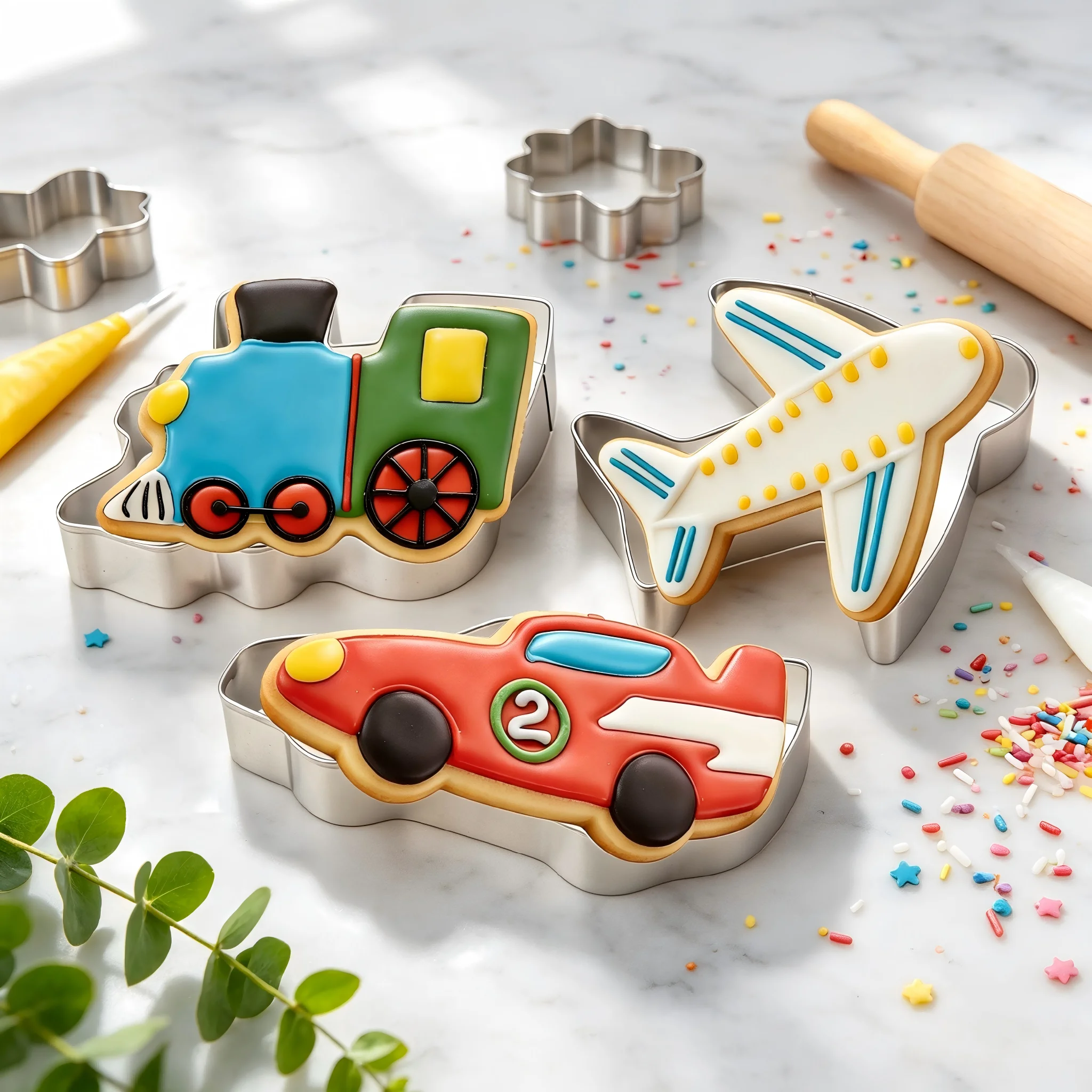 3PCS Cookie Cutter Set Food Grade Stainless Steel Airplane Car Train Shaped Molds for Fondant Tart Pastry Kids Home DIY Baking