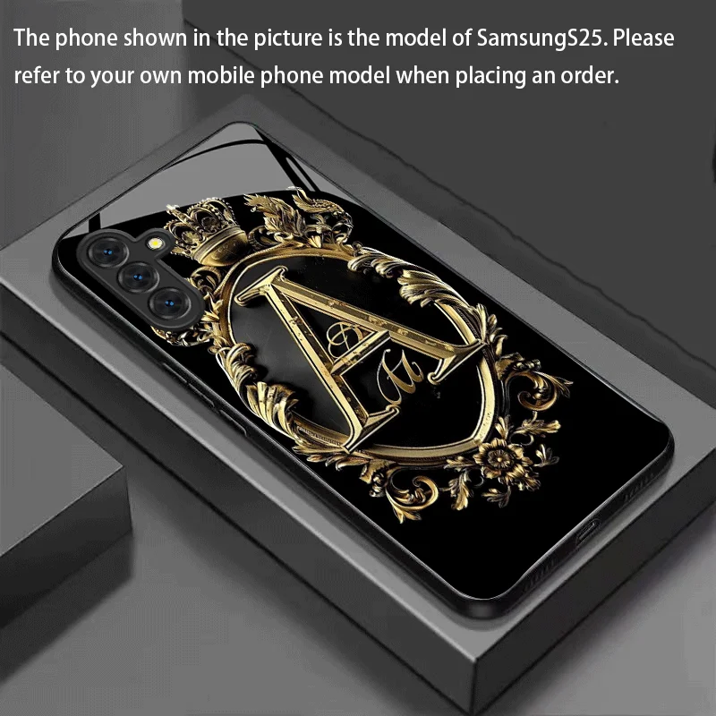 Crown letter A pattern glass phone case suitable for Samsung Galaxy S26 S25 S24 S22 S21 S20 FE/Ultra/Plus anti fall back cover