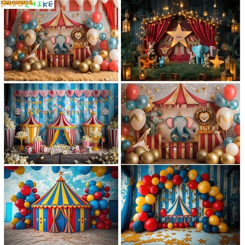 

Circus Tent With Striped Canopy Photography Backdrops Balloons Birthday Party Decor Animal Clown Photo Studio Background SD-01