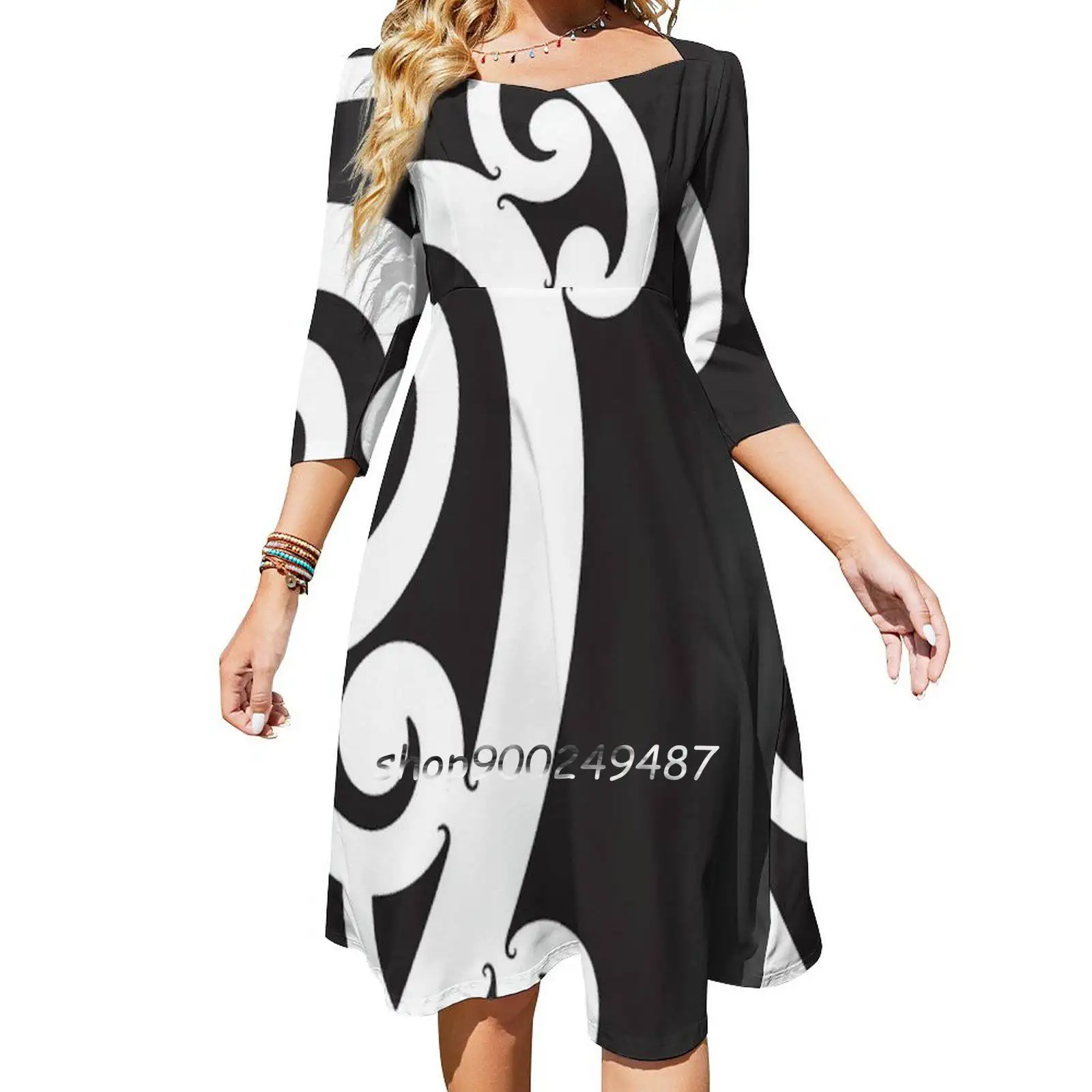 Black And White Layered Maori Koru Design Sweetheart Knot Flared Dress Fashion Design Large Size Loose Dress New Zealand Maori