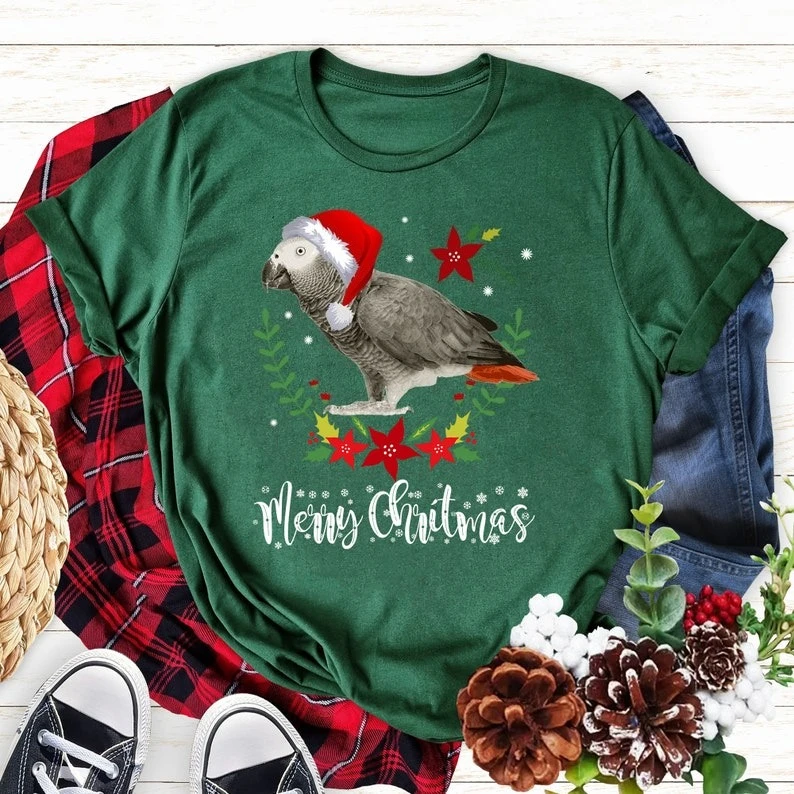 面白い灰色のオウム クリスマス アフリカ柄 鳥愛好家へのギフト BirbXmas グラフィック Tシャツ ユニセックス 通勤 オールマッチ カジュアルスタイル Tシャツ