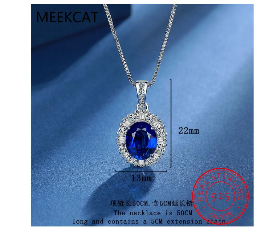 Princess Diana Created Blue Sapphire 925 Sterling Silver Pendant Necklace for Women Fashion Oval Gemstone Jewelry Wedding Gift
