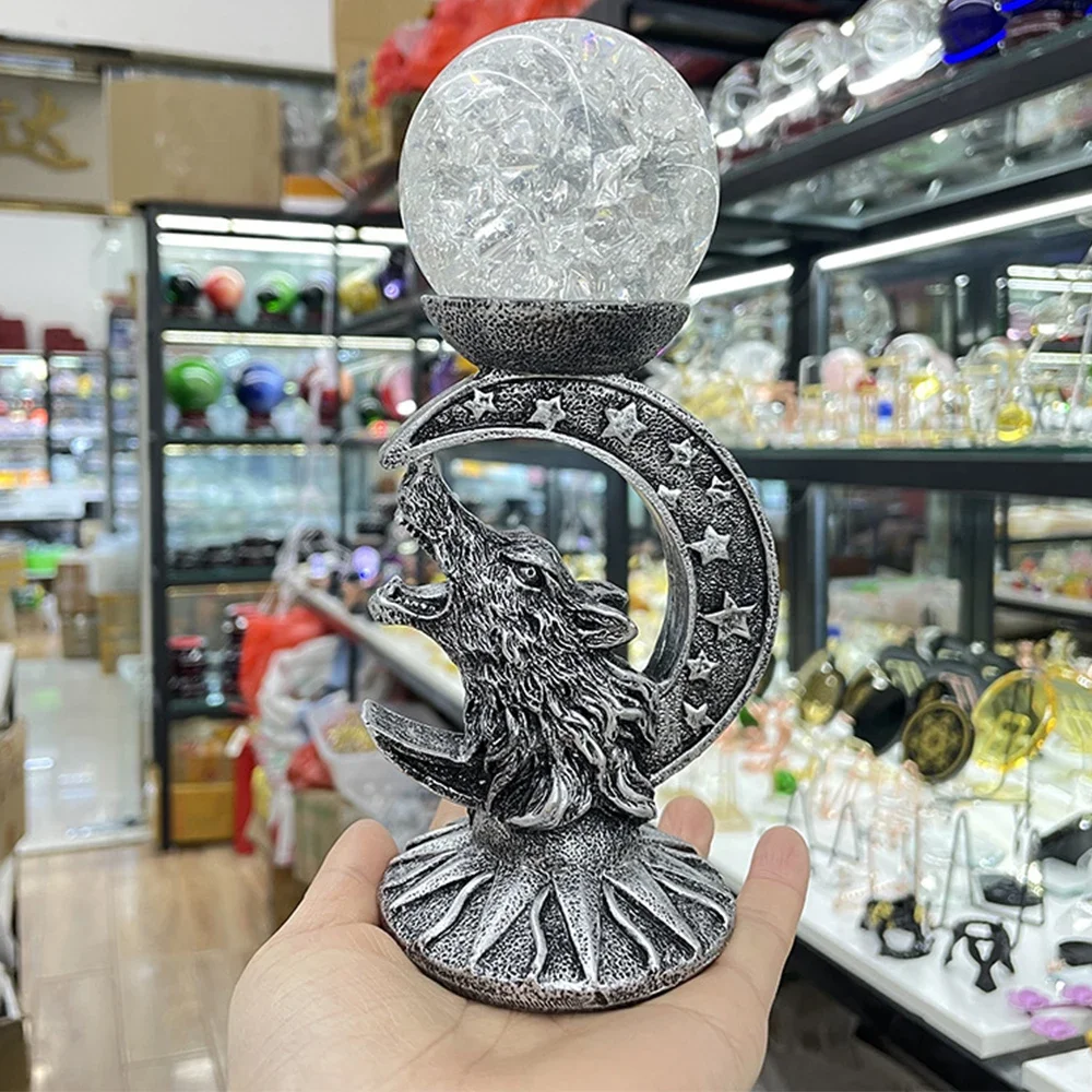 Crescent Art Wolf in Moon Roar Resin Statue Crystal Ball Base Sphere Display Stand Mystical Symbolism Decor