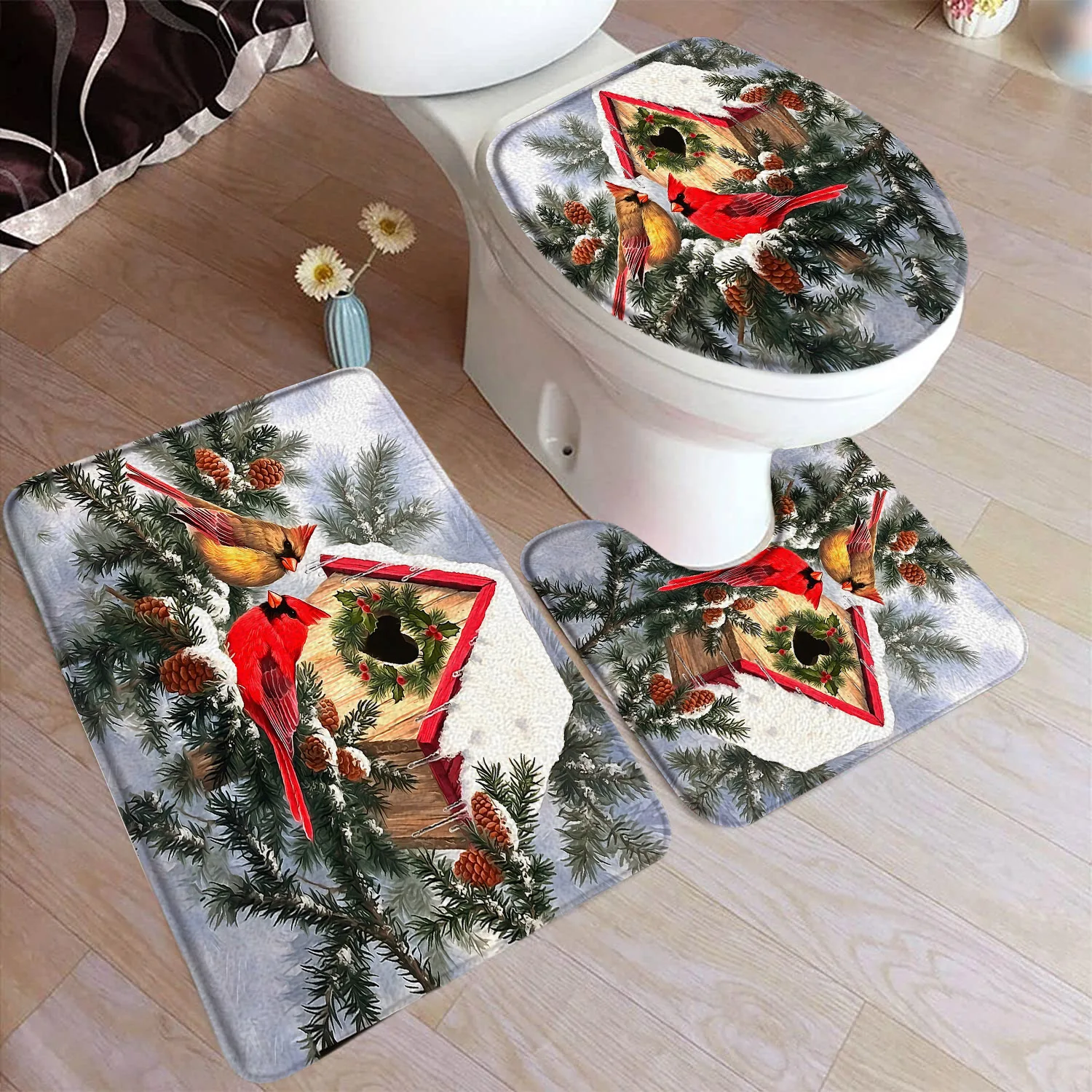 Winter Red Birds Bath Mat Set Cedar Berry Snow Forest Scenery Flannel Home Bathroom Decor Non-Slip Rug U-mats Toilet Lid Cover