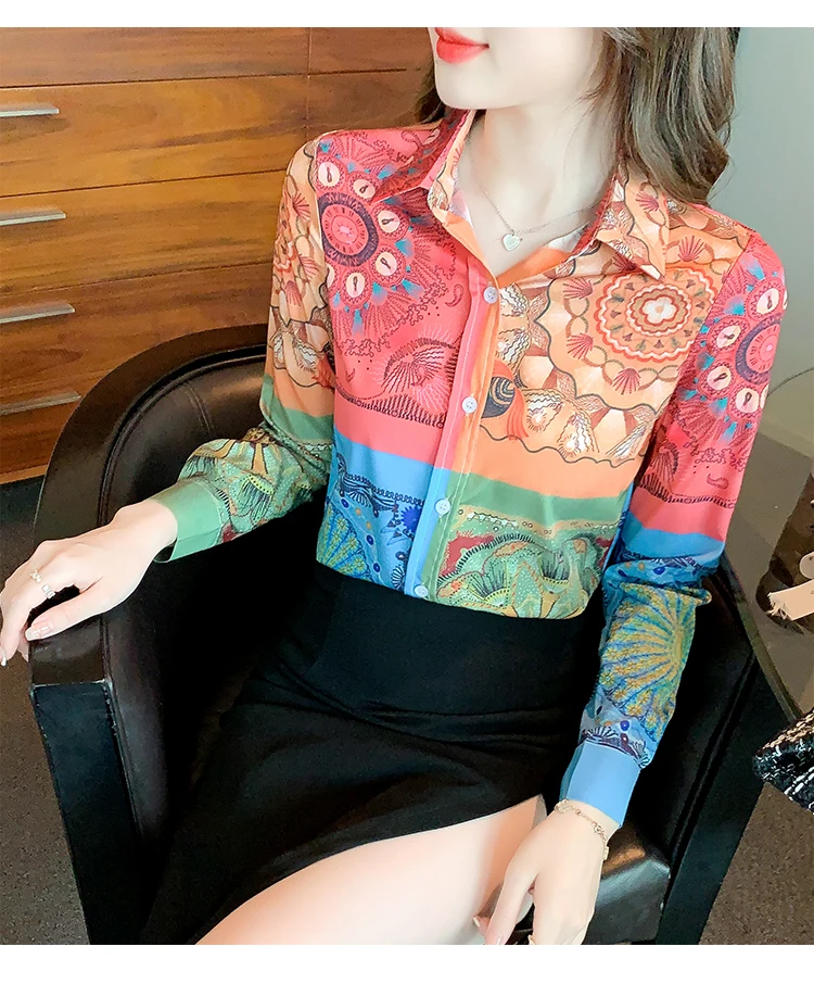 FANIECES Multicolor Printing Vintage Chiffon Polo-Neck Long Sleeve Loose Women's Blouse Shirt Fashion Female Clothing Tops 2024