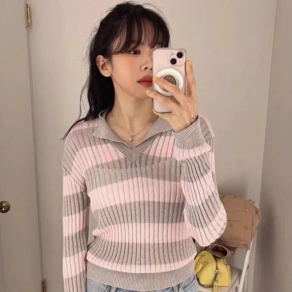 

Slim Fit Striped Color Blo Knit Top Women's Casual Sle Long Sve Crew Ne Pullover Autumn Faion 2025 Spring Summer