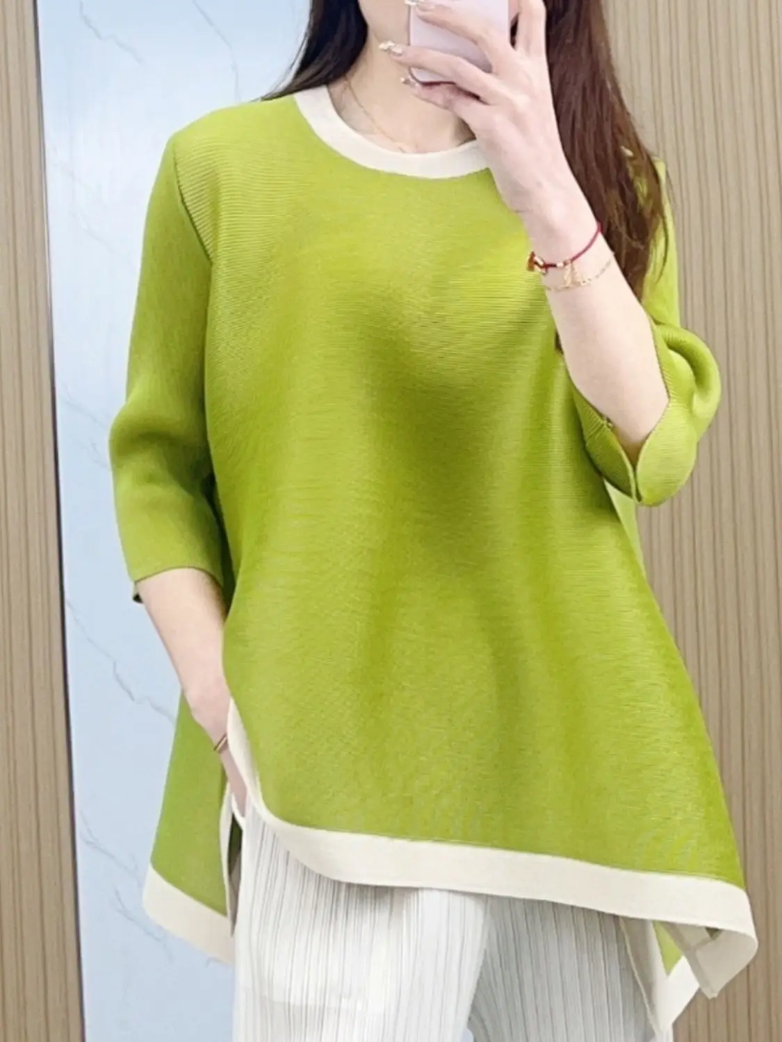 New Pleated Top Women T-shirt top Summer Women's Plus-size Round Neck Seven-point Short-sleeved T-shirt Loose Commuting Joker