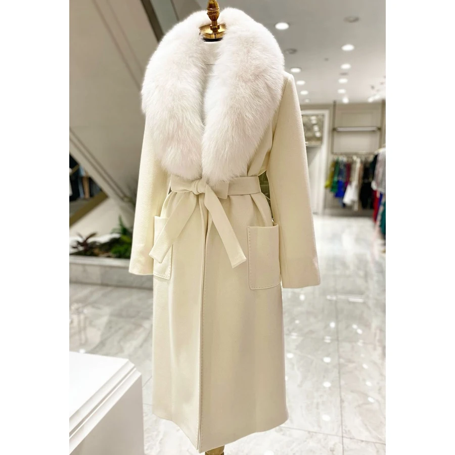 

Wool Coats For Women Wool Jacket With Fox Fur Collar Wool Trench Coat White Long Wool Jacket