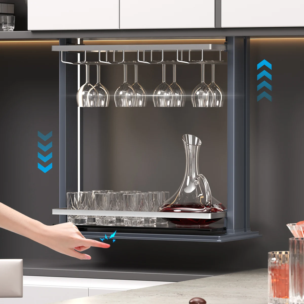 

Smart Wine Rack for Inside Cabinet with Wine Glass Holder,Touch Switch Wine Glass Rack,Pull Down Shelf for Upper Cabinets