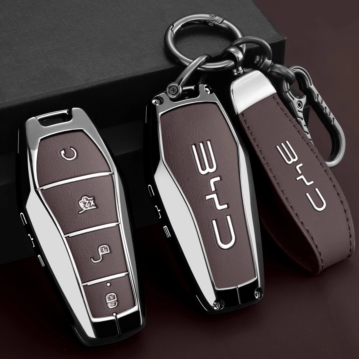 Car Zinc Alloy Leather Key Case Cover For BYD Song Plus Atto Han EV Tang DM Qin Seal Dolphin Key Bag Pouch Wallet Accessories