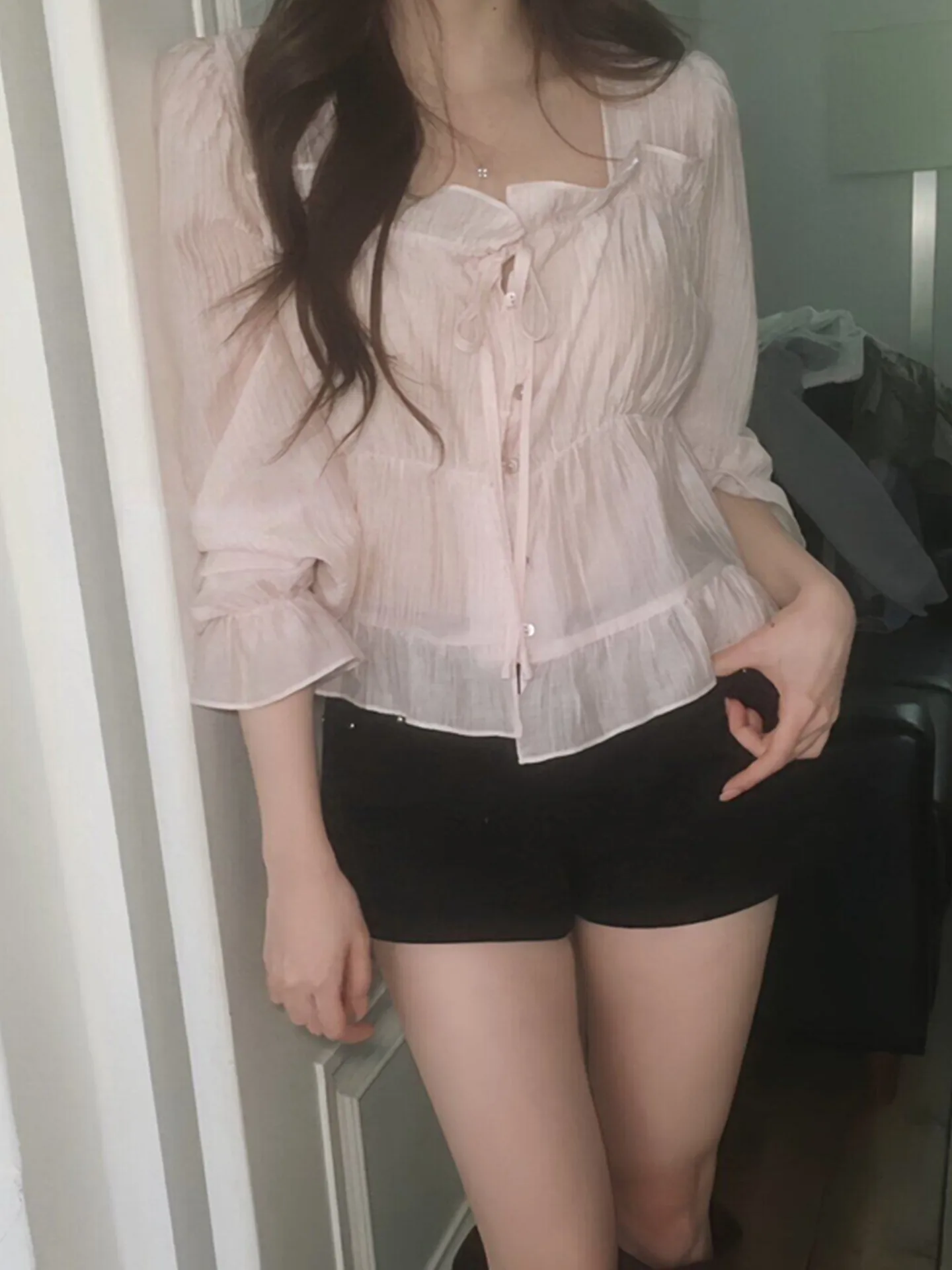 

Korean Style Sweet Soft Bordered Square Collar Long Sleeve Shirt Women's Top Fashionable Versatile Pink Loose Fit Button up