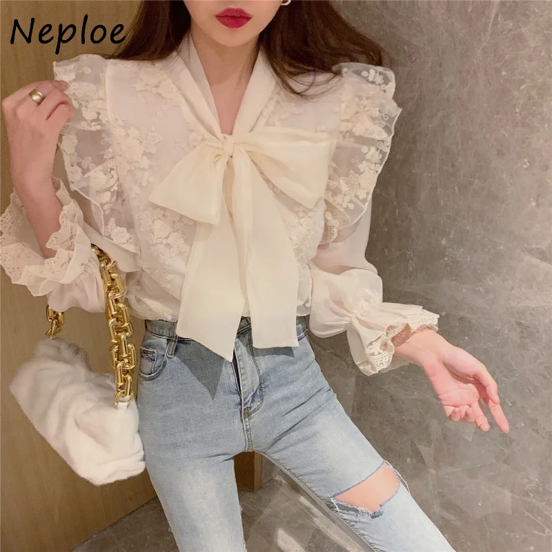 Neploe Elegant Lace Hook Flower Solid Blouse Women Bow Design Work Style Ol Solid Blusas Spring 2024 New All Match Shirt Femme