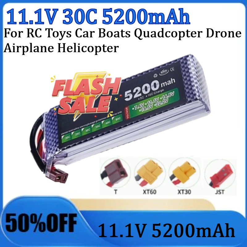 

For RC Toys Car Boats Quadcopter Drone Airplane Helicopter 11.1V Battery 3S Lipo Battery 11.1V 5200mah with XT60 T Plug 40C