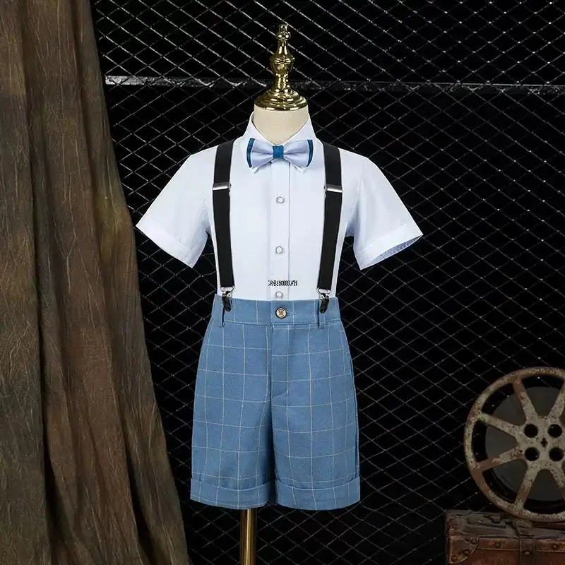 

Kids Formal Strap Shirt Shorts Bowtie Wedding Birthday Dress Boys Summer Clothing Set Children Piano Dance Performance Costume