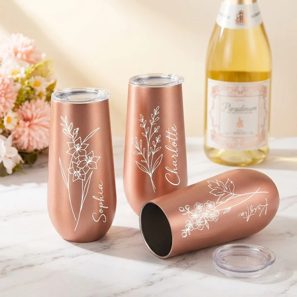 2026 New Birth Flower Custom Name Champagne Tumbler, 6oz Stainless Steel Vacuum Cup Birthday Gift for Women,Christmas Gift.
