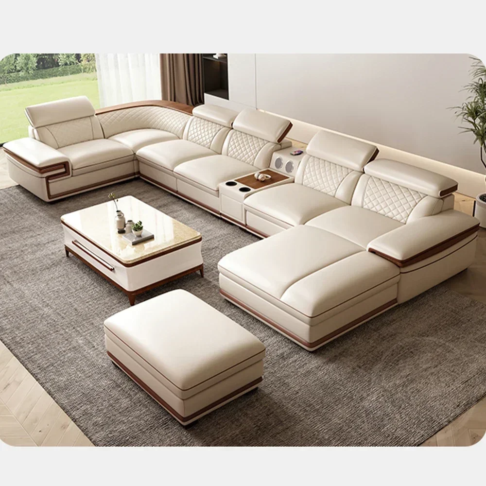 Premium Italian Genuine Leather Sofa Set for Living Room with Adjustable Headrests, Bluetooth Speaker, Wireless Charge