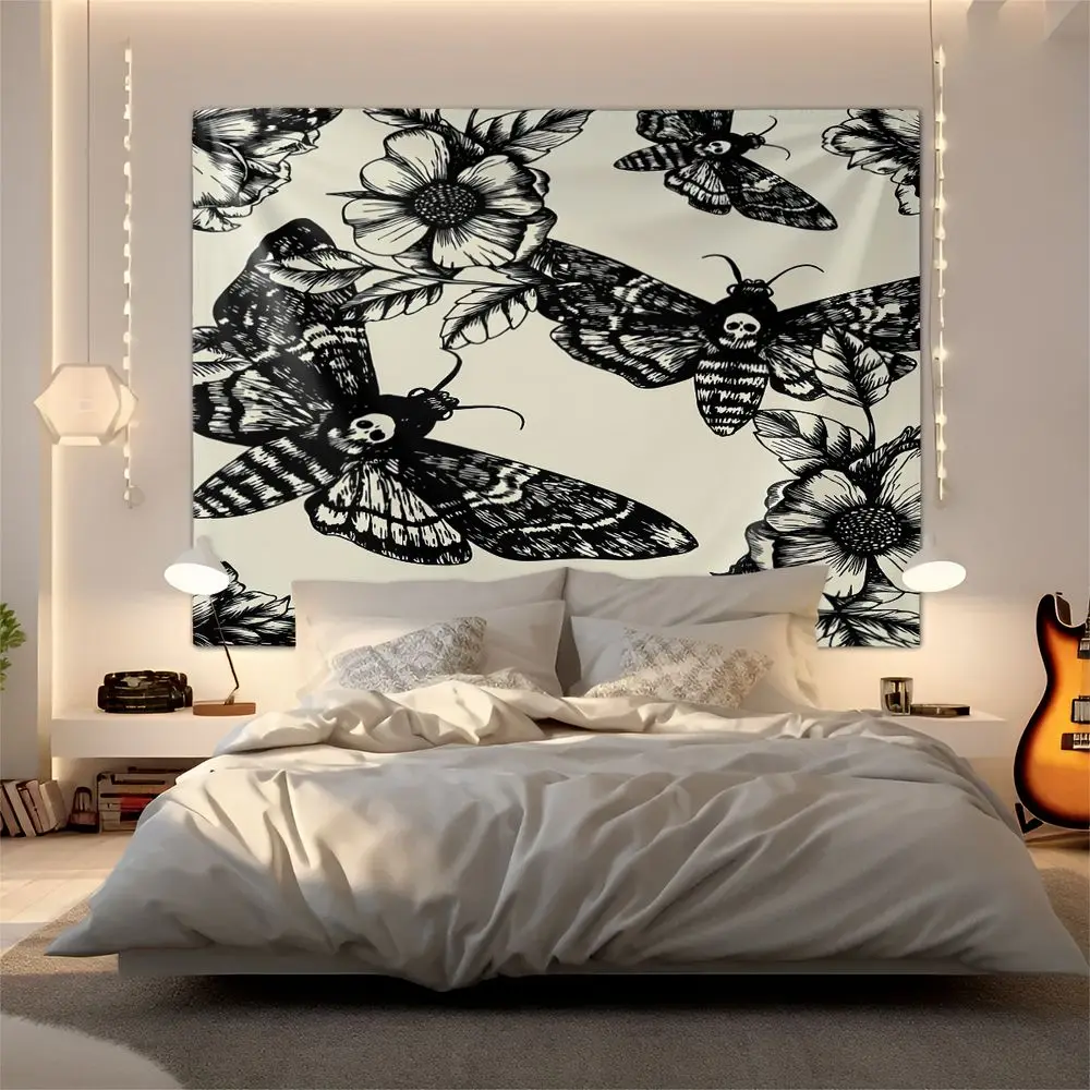 Gothic Moth Flower Tapestry Wall Hanging Digital Print Wall Tapestries Aesthetic Room Decor For Bedroom Living Room
