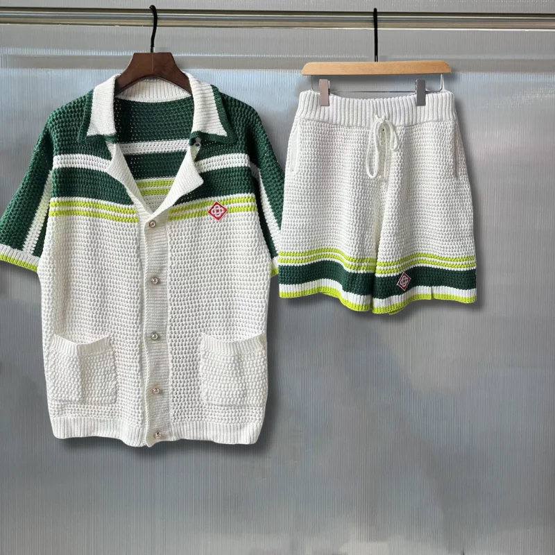 Hoge kwaliteit trui met korte mouwen, trainingspakken, parelgeweven knoop, veelkleurige Hawaiiaanse vest, gebreide truien