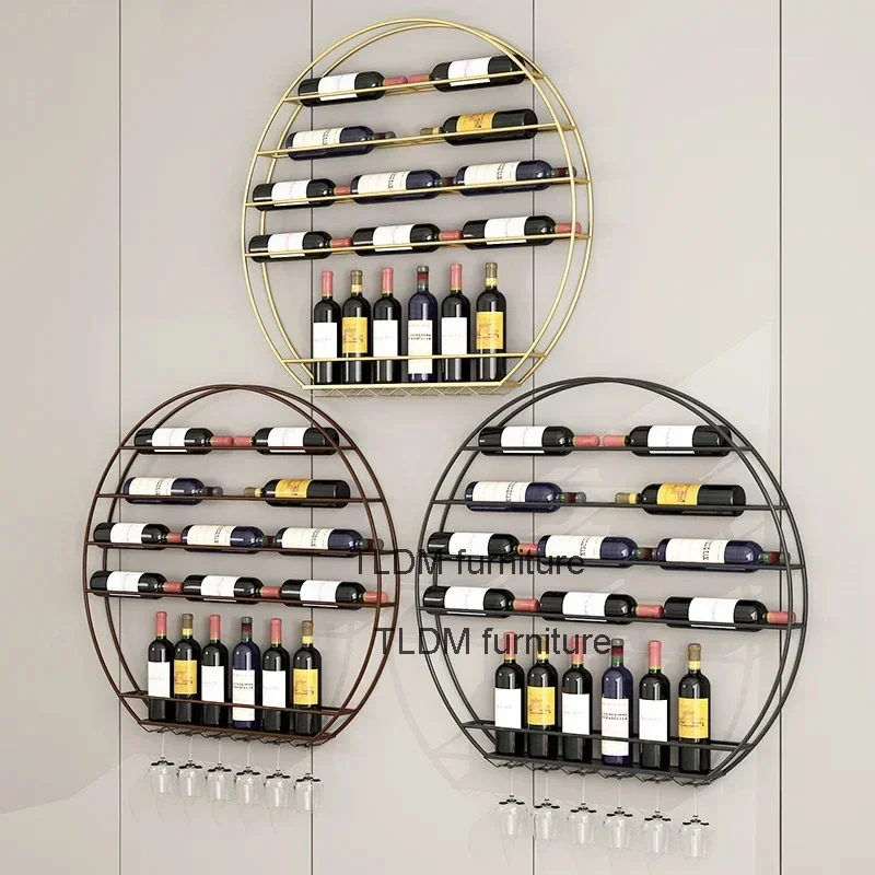 Nordic Iron Display Cabinet for Dining Room Round Wall-mounted Hanging Bracket Showcase Light Luxury Design Wine Rack for Bar