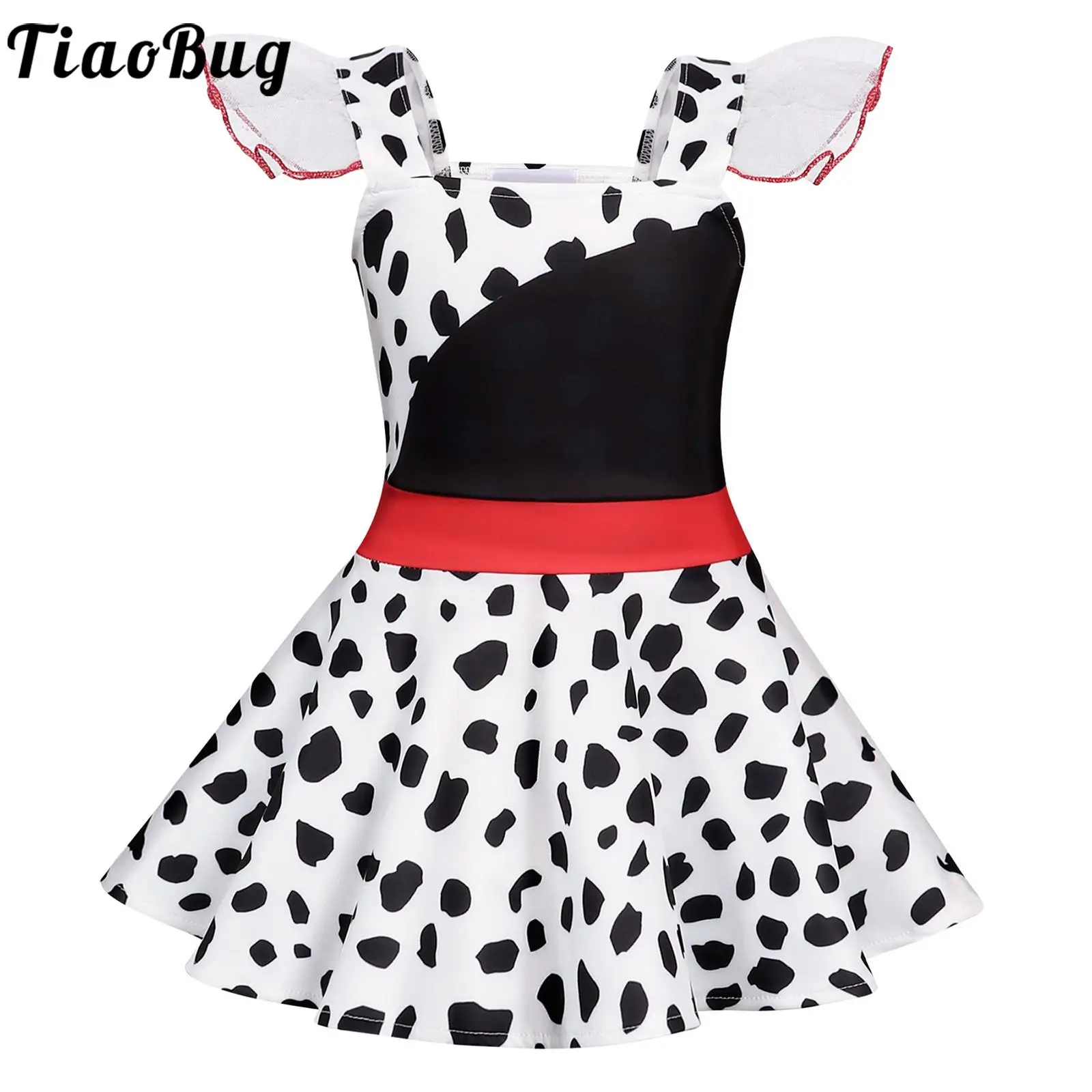 

Girls Halloween Cosplay Costume Black Spotted Print Ruffle Sleeve Tutu Ballet Princess Dress Up Movie Character Fancy Dress