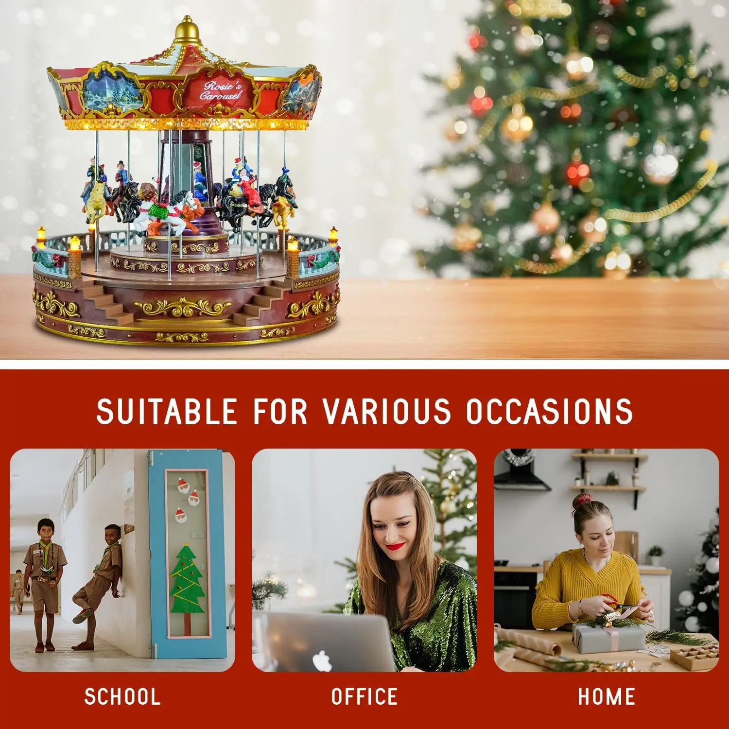 حلقة دائرية موسيقية لعيد الميلاد مقاس 14 بوصة مع أضواء LED، مشهد واقعي لديكور المنزل الاحتفالي