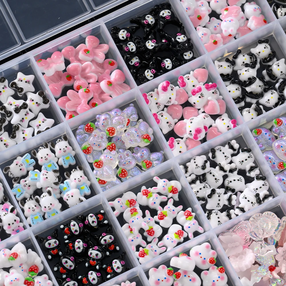 12/24Grids Cute Kuromi/Hellokitty Nail Rhinestones Cartoon Anime Kuromi Kitty Cat Bow Nail Charms Resin Jewelry Manicure Crafts