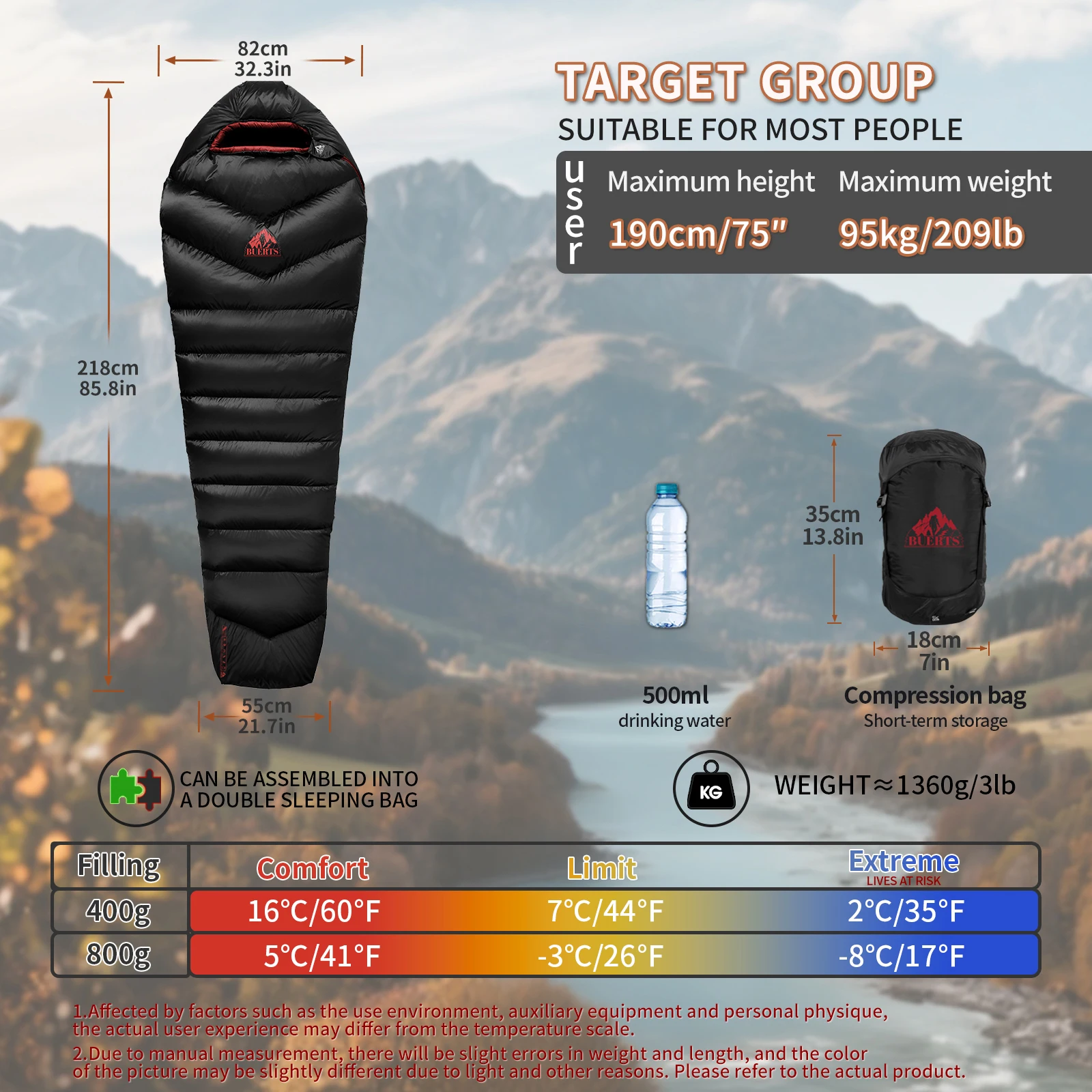 Three Season Inflatable Mummy Outdoor Hiking Camping Adult Unisex Customizable Nylon Waterproof Ultralight Sleeping Bag BUERTS