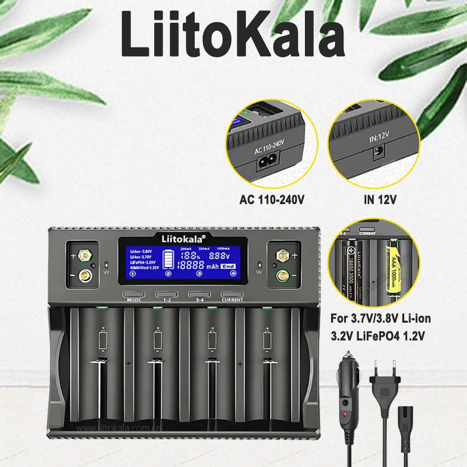 

Liitokala Lii-D4XL Battery Charger for 18650 D NiMH LiFePO4 Li-ion 3.7V 1.2V 3.2V 9V 26650 14500 26700 18350 AA AAA